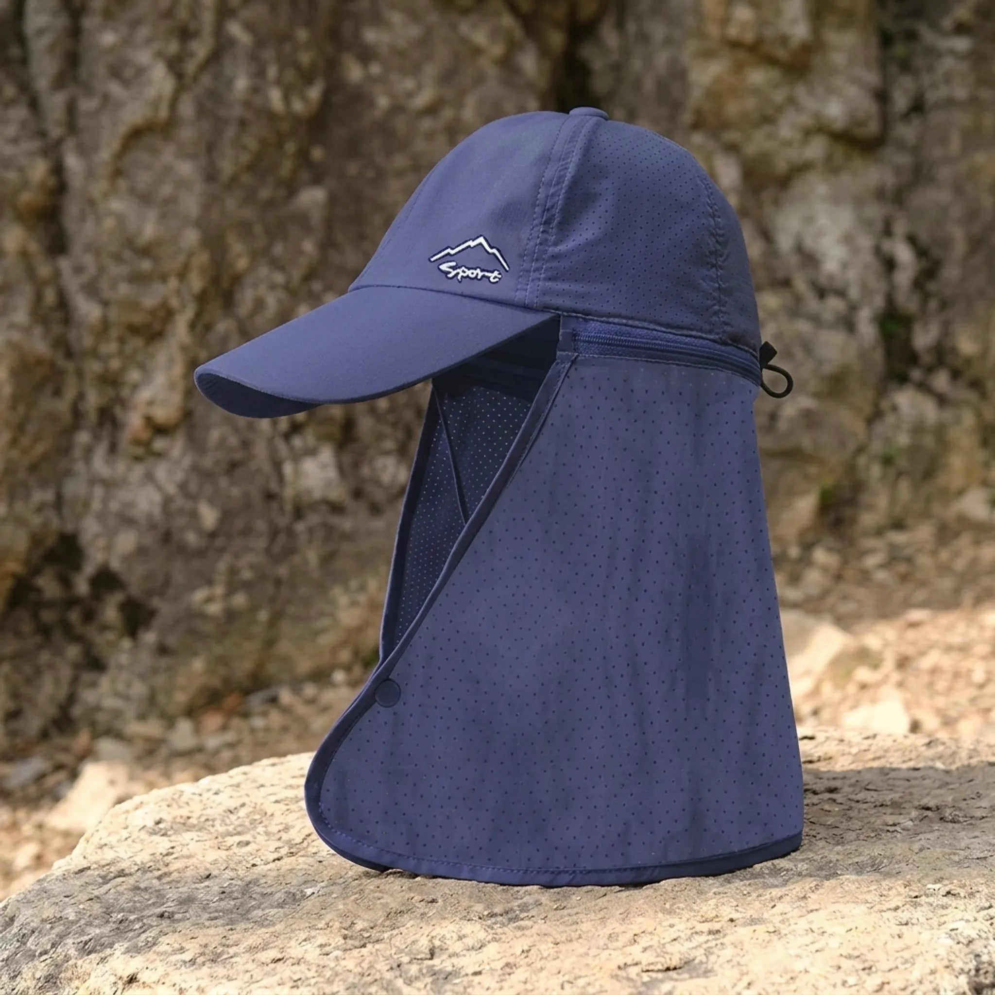 Outdoor cap with detachable zip-off neck flap and quick-drying fabric