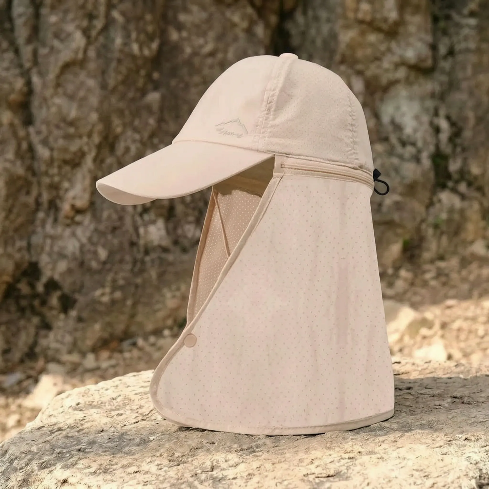 Outdoor cap with detachable zip-off neck flap and quick-drying fabric