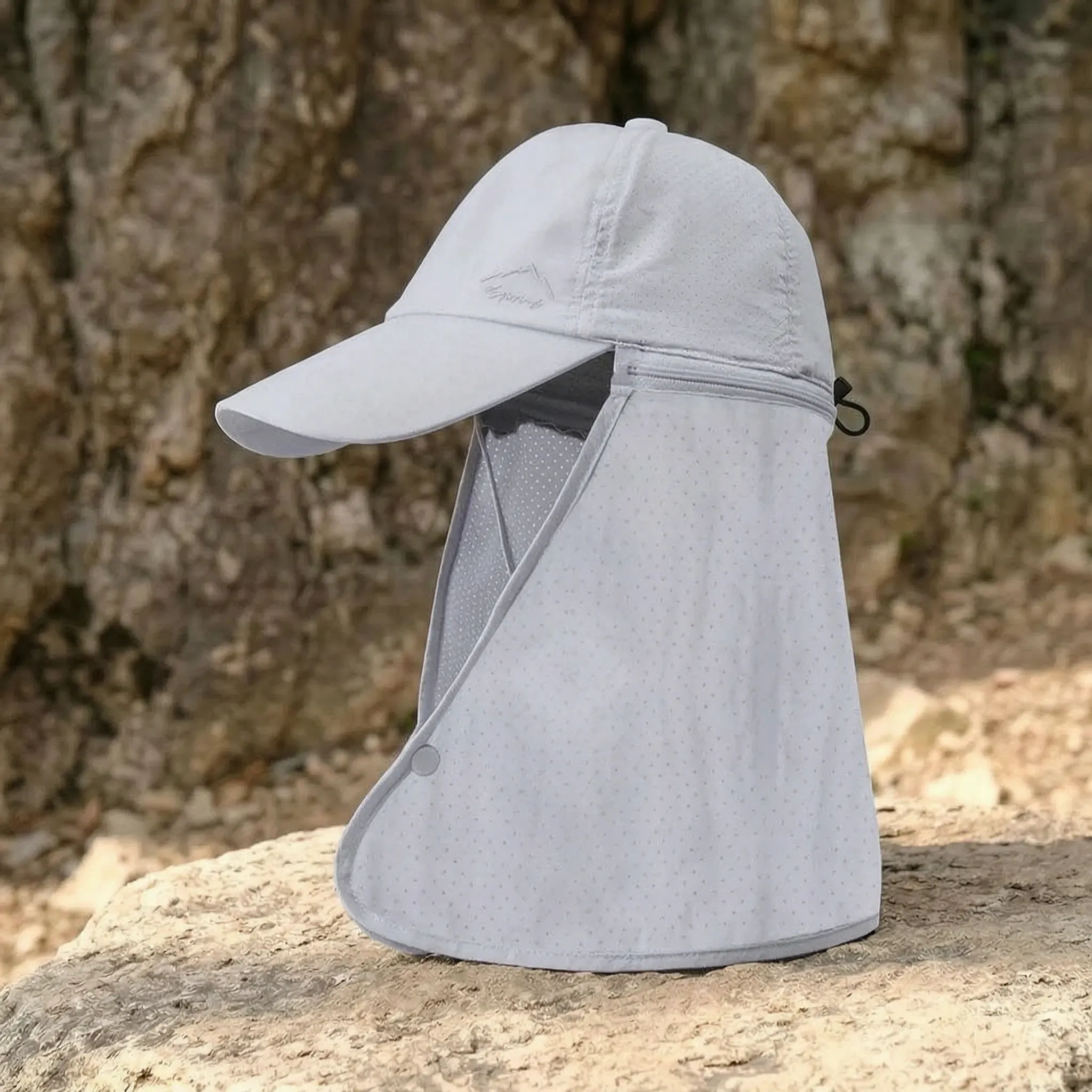 Outdoor cap with detachable zip-off neck flap and quick-drying fabric