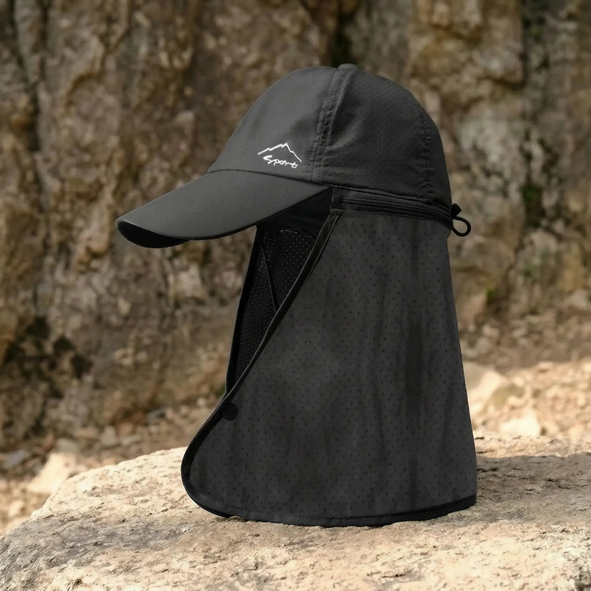 Outdoor cap with detachable zip-off neck flap and quick-drying fabric