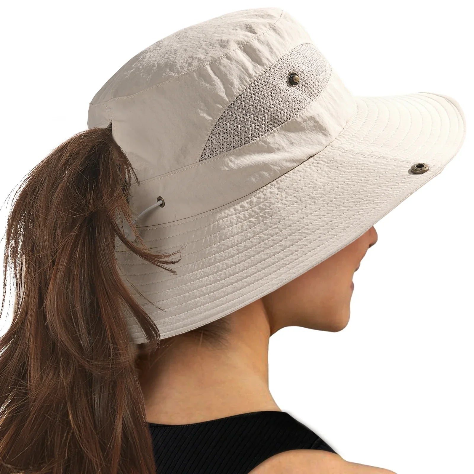 Wide-brim sun hat with mesh ventilation and rear ponytail opening