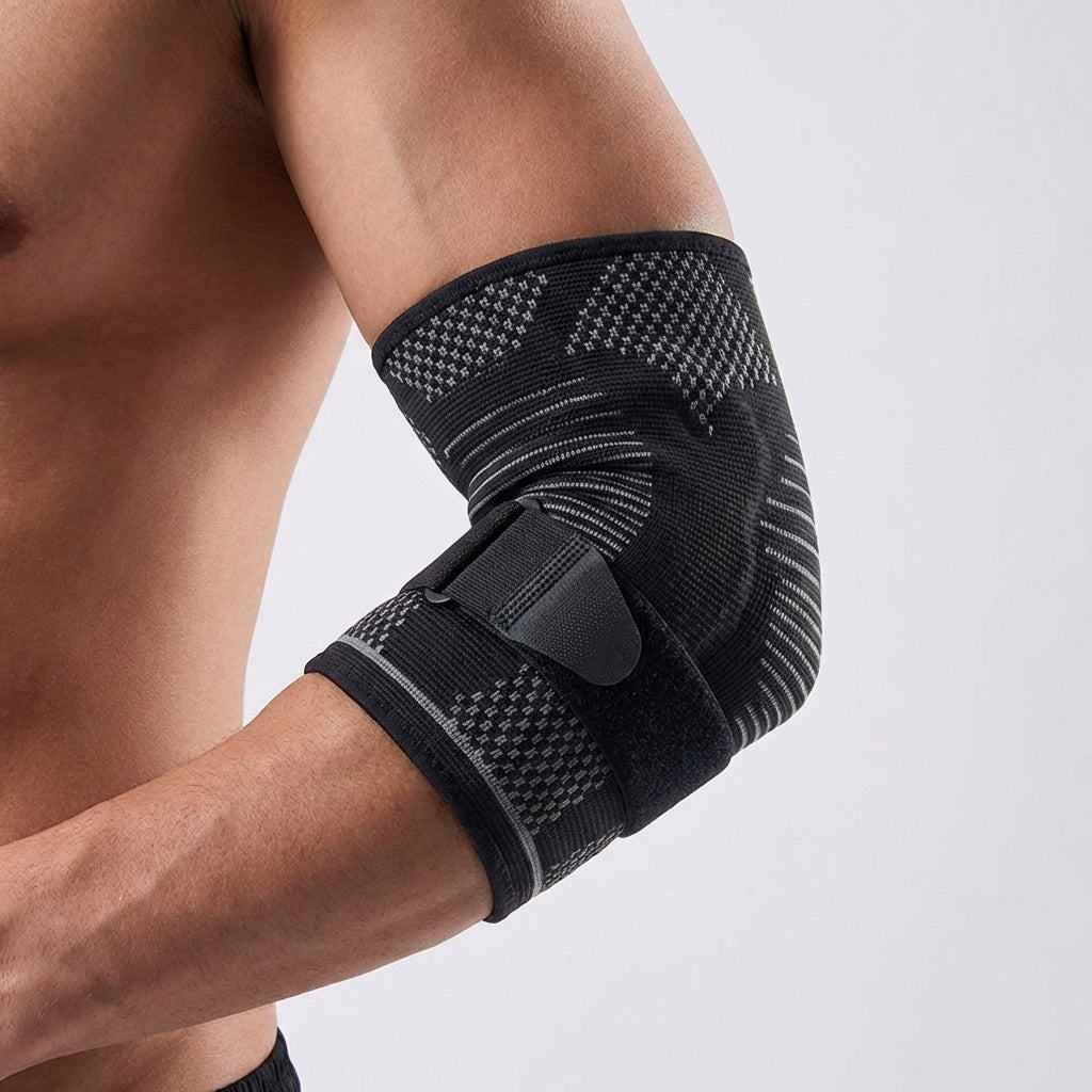 Adjustable compression elbow brace with padded support and breathable knit