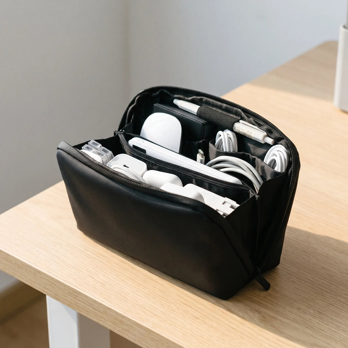 Tech organizer pouch with wide-opening design and external charging port