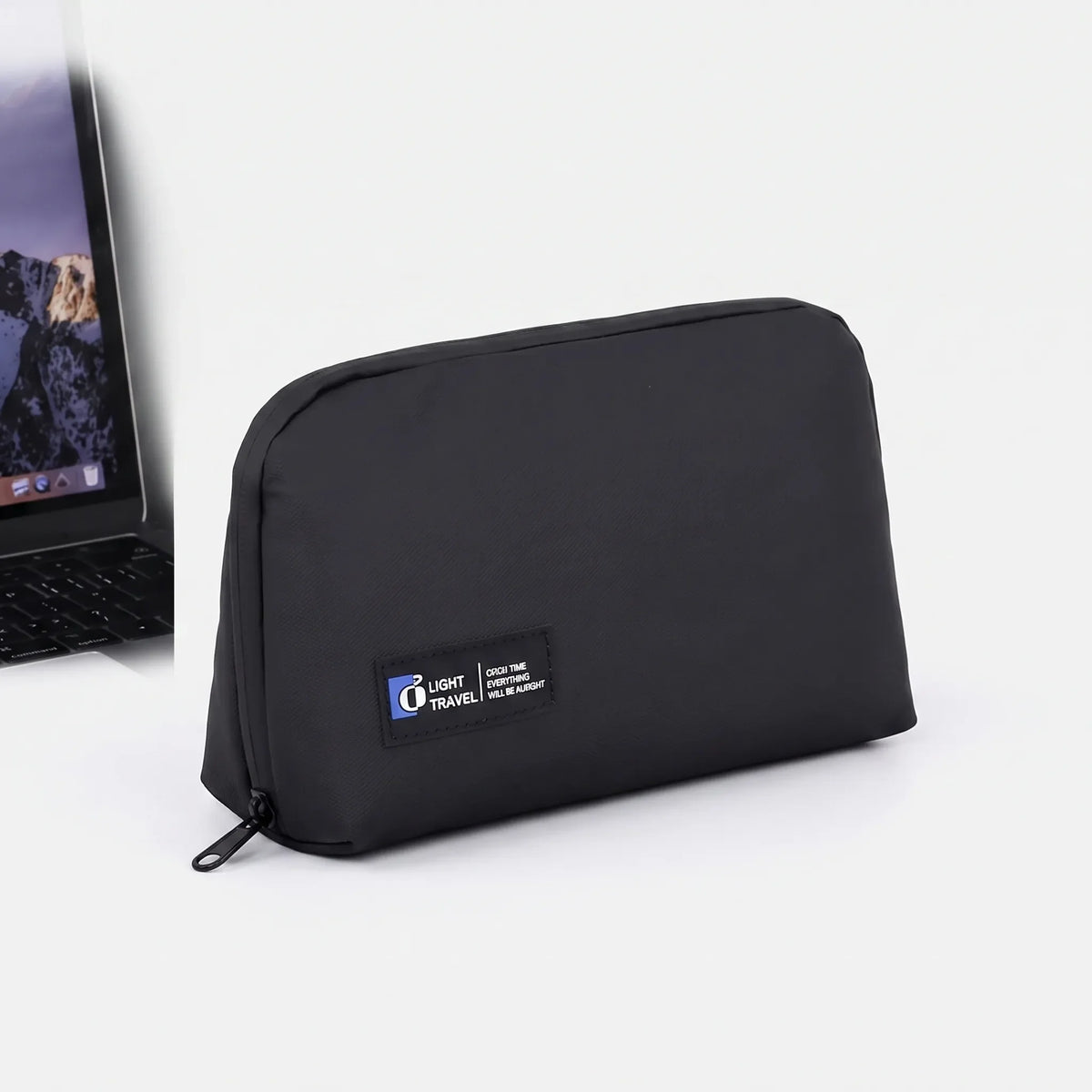 Tech organizer pouch with wide-opening design and external charging port