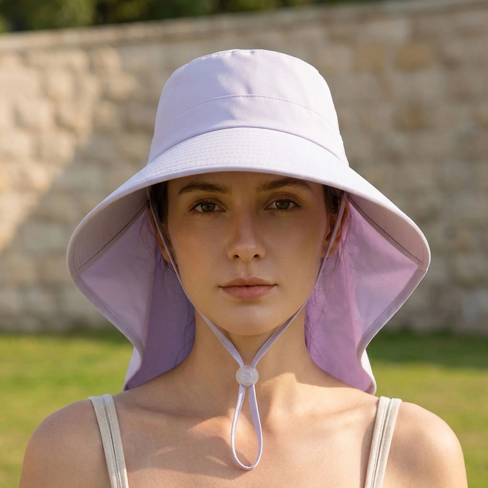 Wide-brim summer hat with extended neck protection and adjustable chin strap
