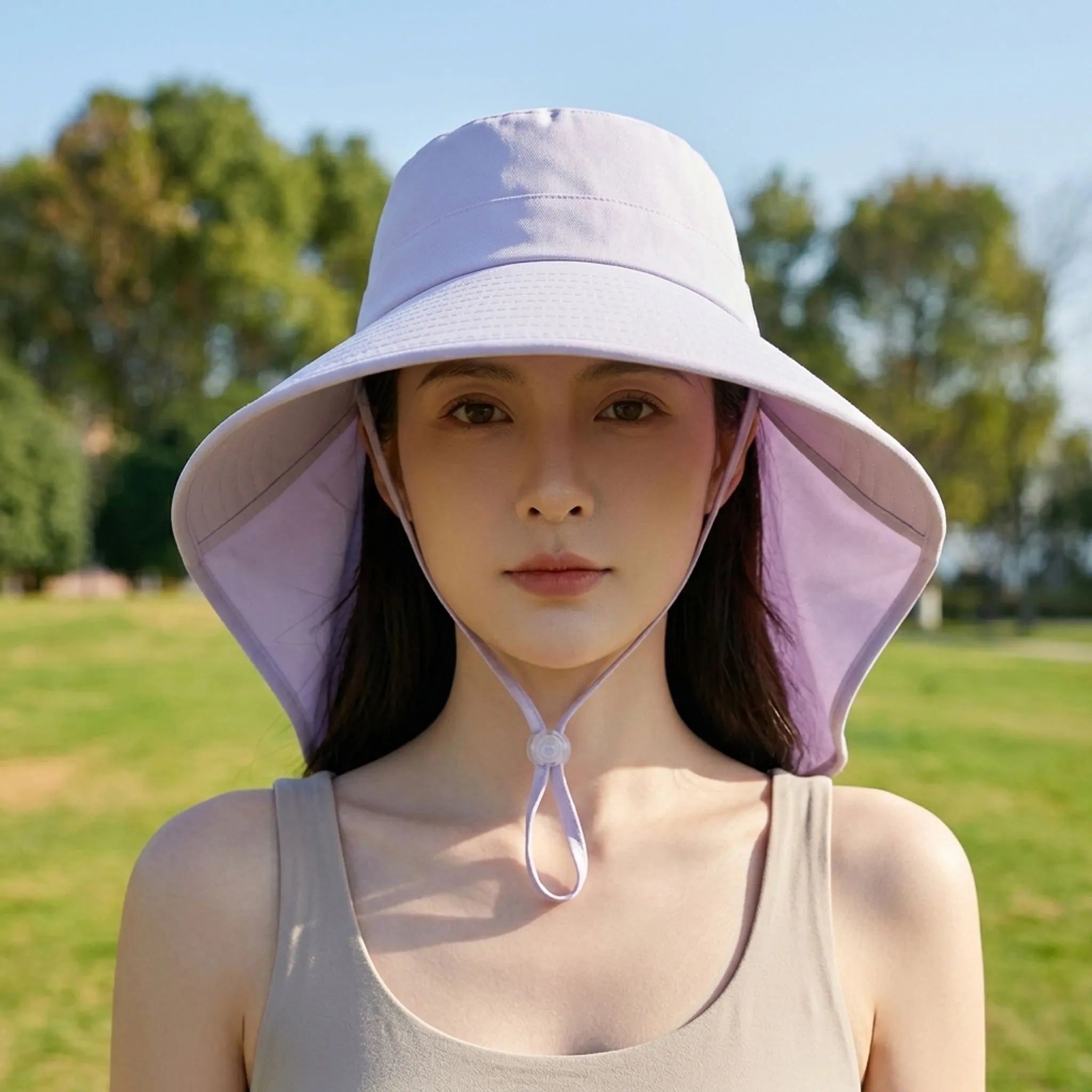 Wide-brim summer hat with extended neck protection and adjustable chin strap