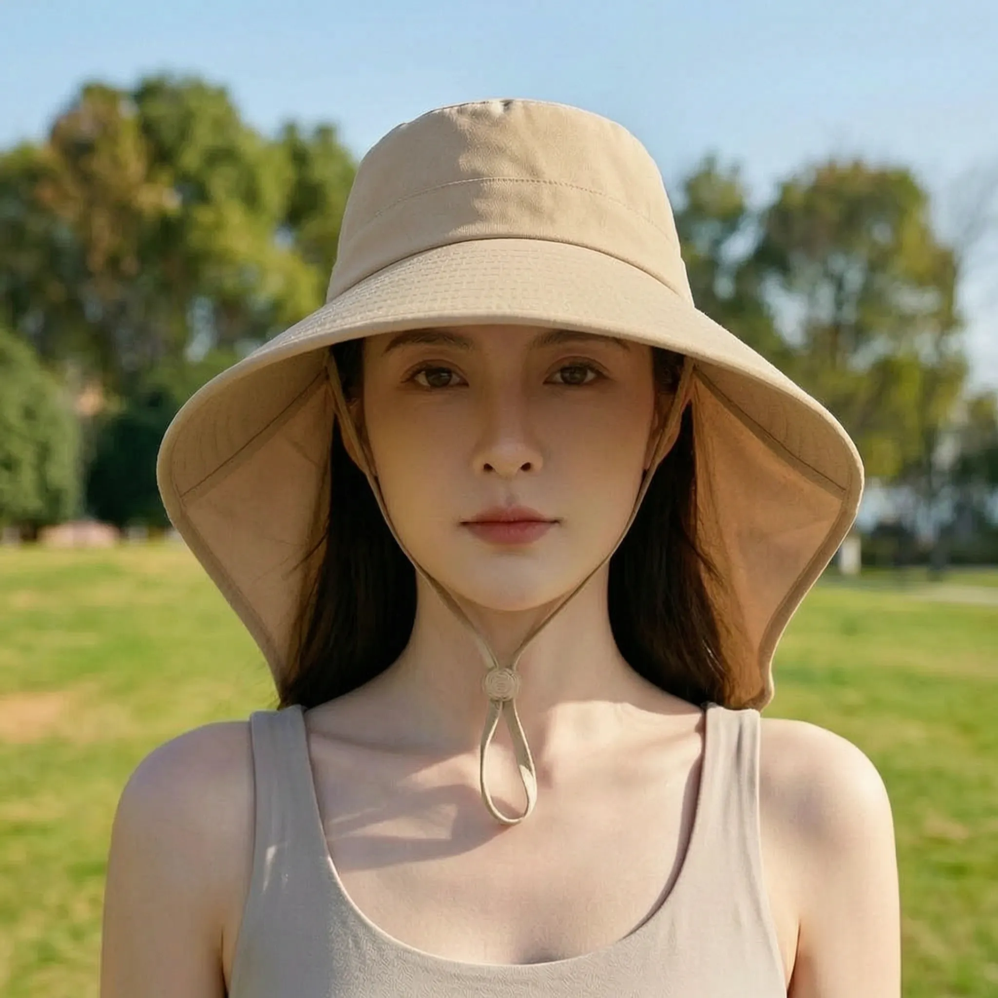 Wide-brim summer hat with extended neck protection and adjustable chin strap