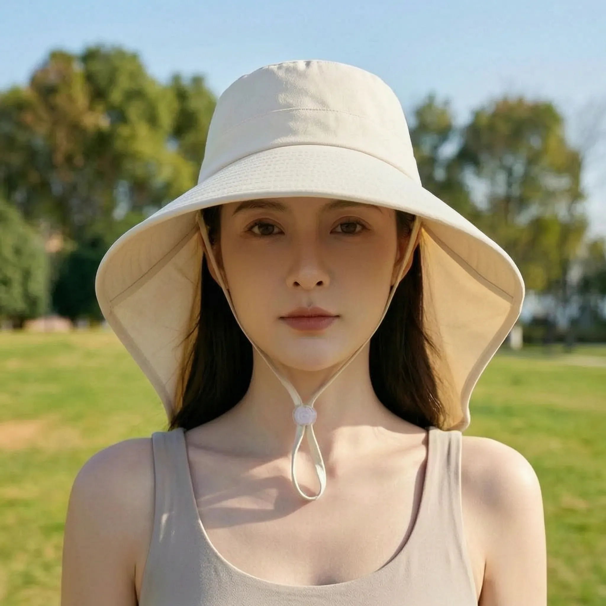 Wide-brim summer hat with extended neck protection and adjustable chin strap