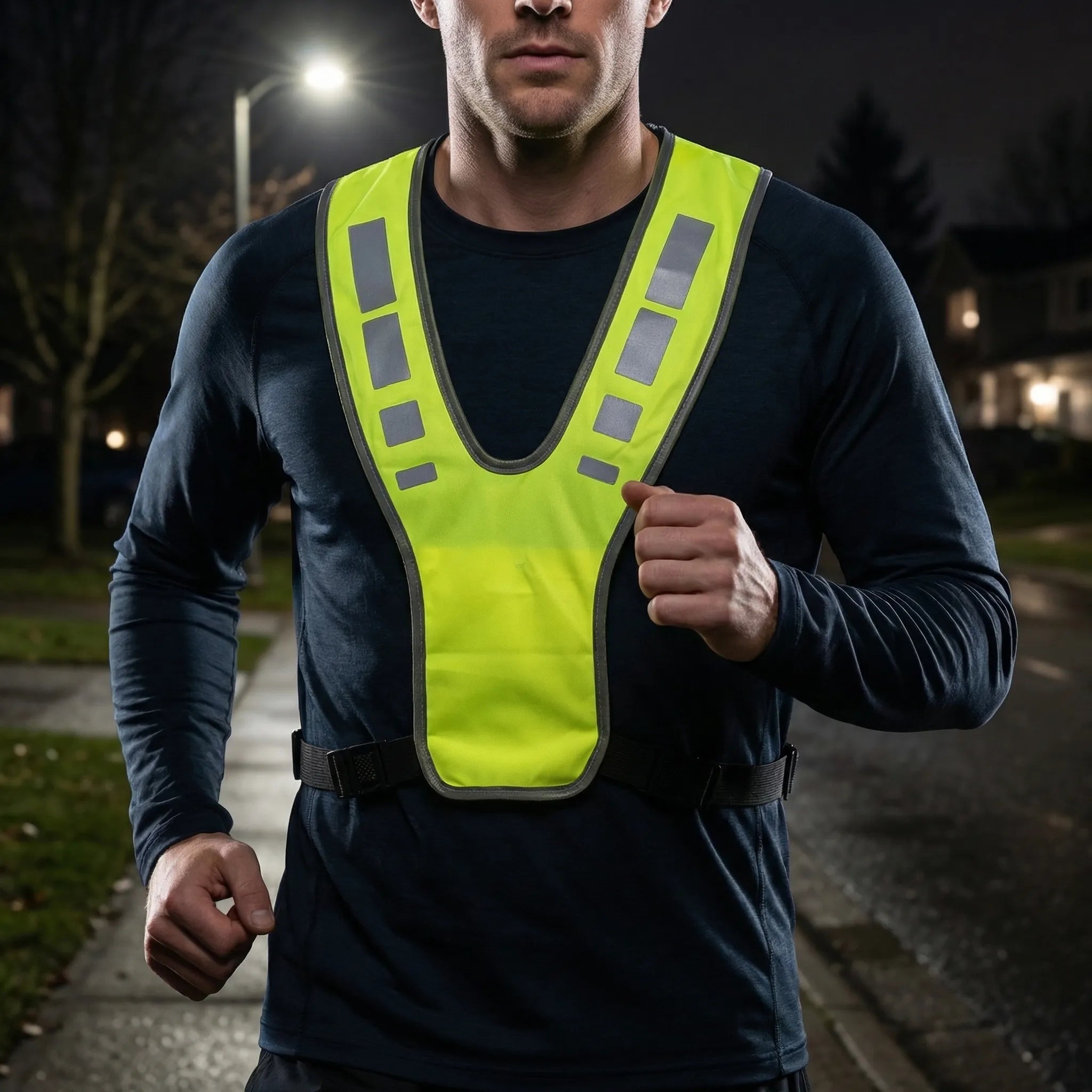 High-visibility running vest with reflective panels and V-harness design