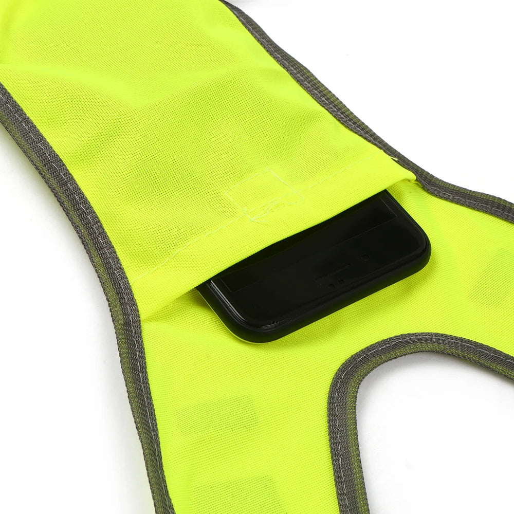 High-visibility running vest with reflective panels and V-harness design
