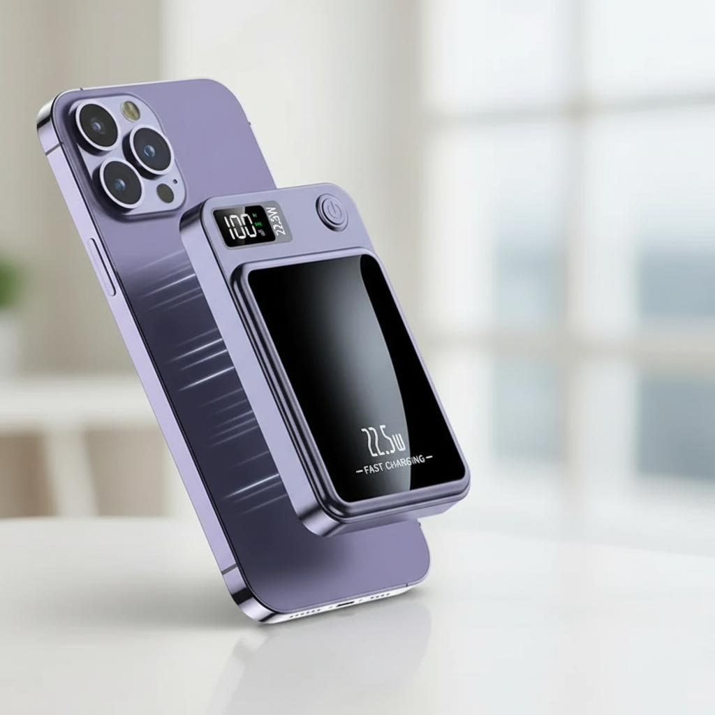 Magnetic wireless power bank with built-in cables and digital display