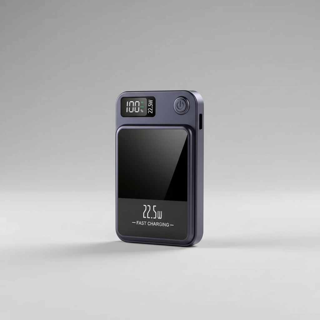 Magnetic wireless power bank with built-in cables and digital display