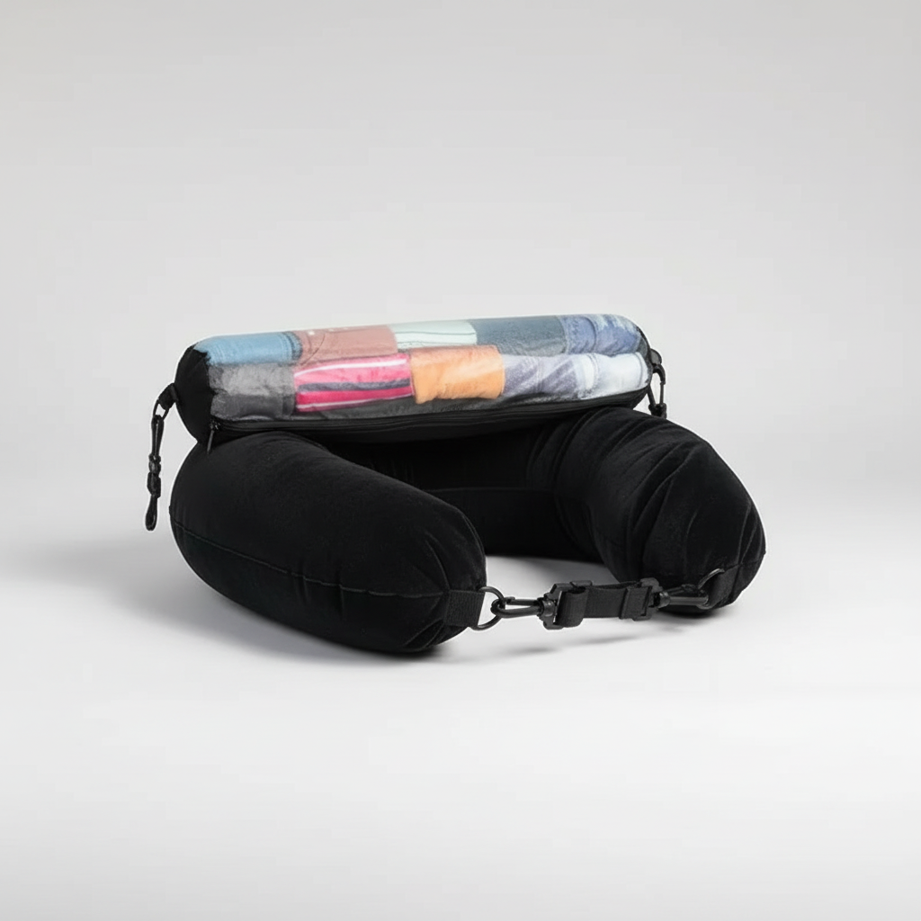 Travel accessories neck pillow with adjustable support and storage pouch