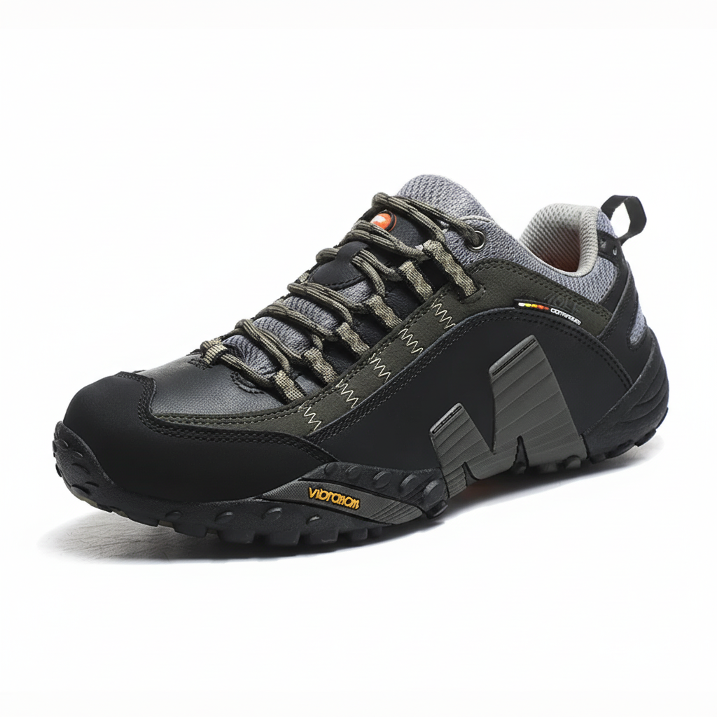 Waterproof hiking shoes with leather upper and aggressive tread outsole