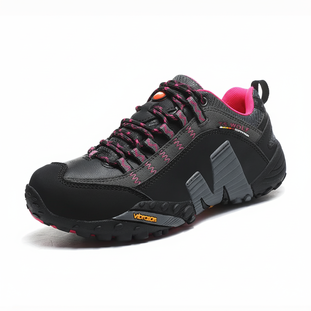 Waterproof hiking shoes with leather upper and aggressive tread outsole