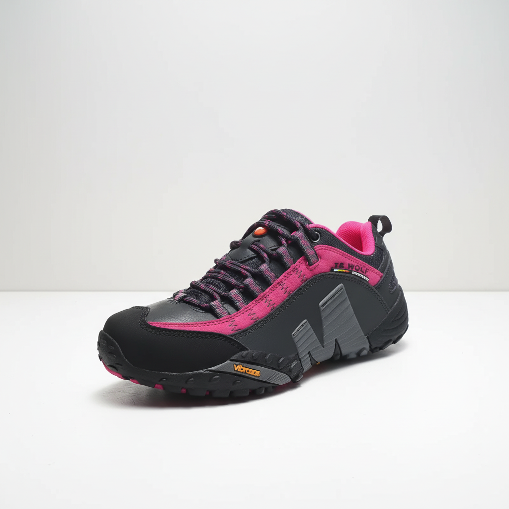 Waterproof hiking shoes with leather upper and aggressive tread outsole