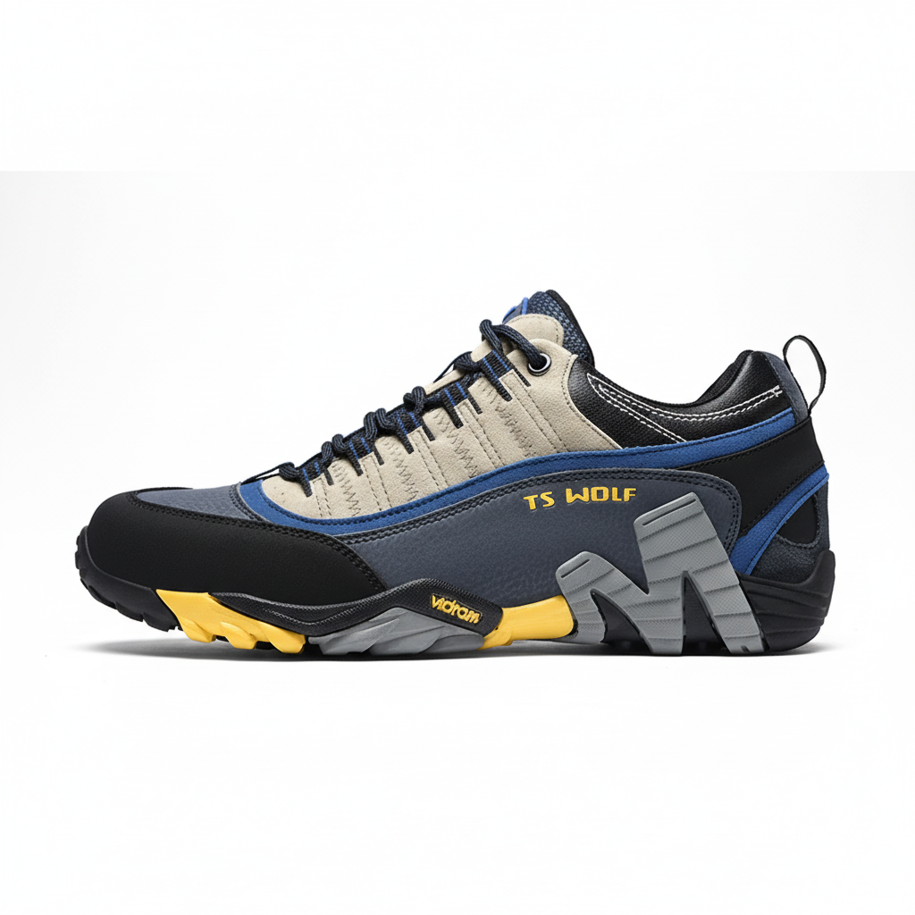 Waterproof hiking shoes with leather upper and aggressive tread outsole