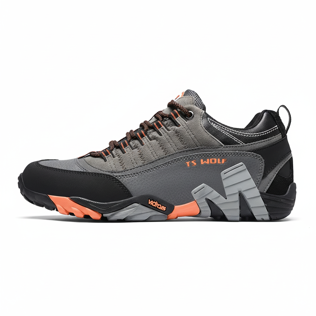 Waterproof hiking shoes with leather upper and aggressive tread outsole