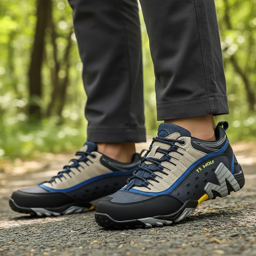 Waterproof hiking shoes with leather upper and aggressive tread outsole
