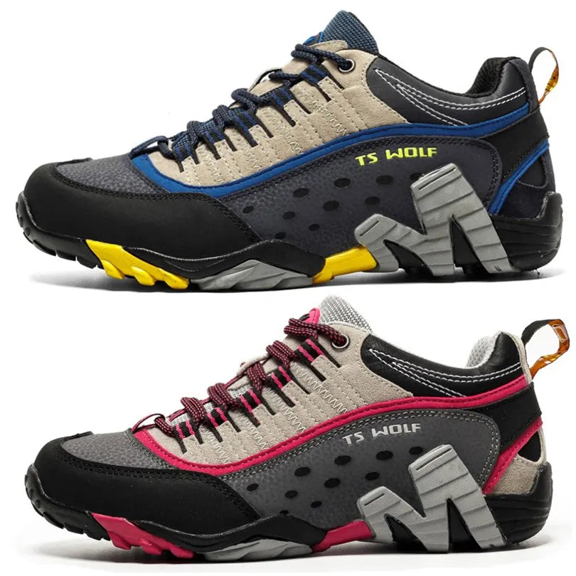 Waterproof hiking shoes with leather upper and aggressive tread outsole
