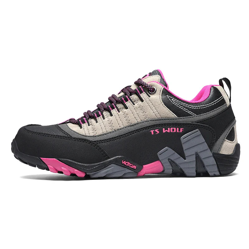 Waterproof hiking shoes with leather upper and aggressive tread outsole