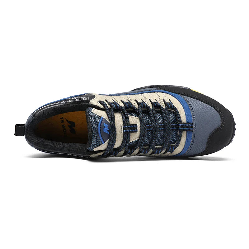 Waterproof hiking shoes with leather upper and aggressive tread outsole