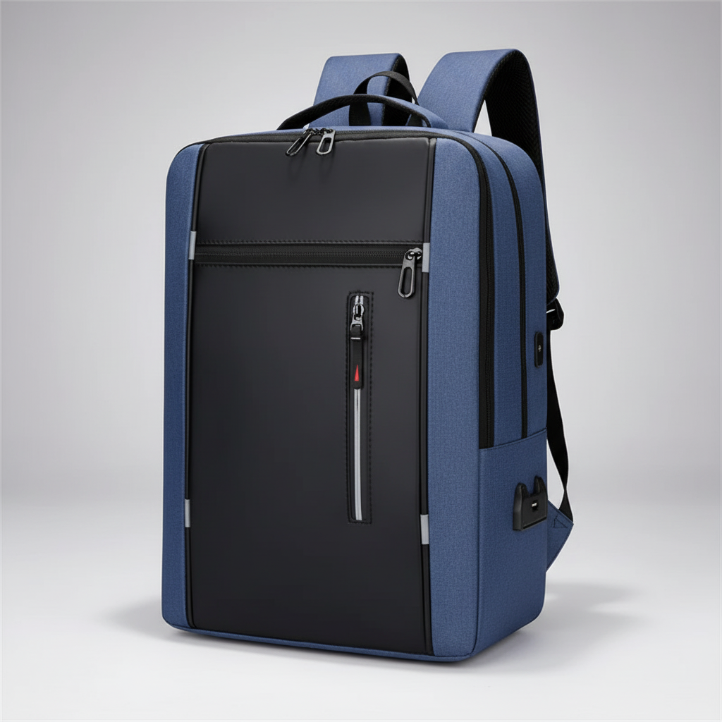 Water-resistant business backpack with padded laptop compartment and USB charging port