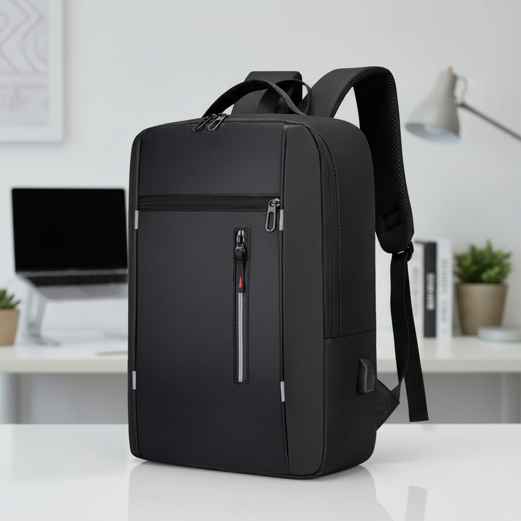Water-resistant business backpack with padded laptop compartment and USB charging port