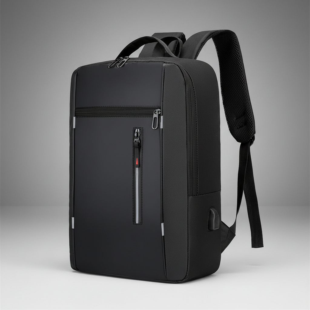 Water-resistant business backpack with padded laptop compartment and USB charging port