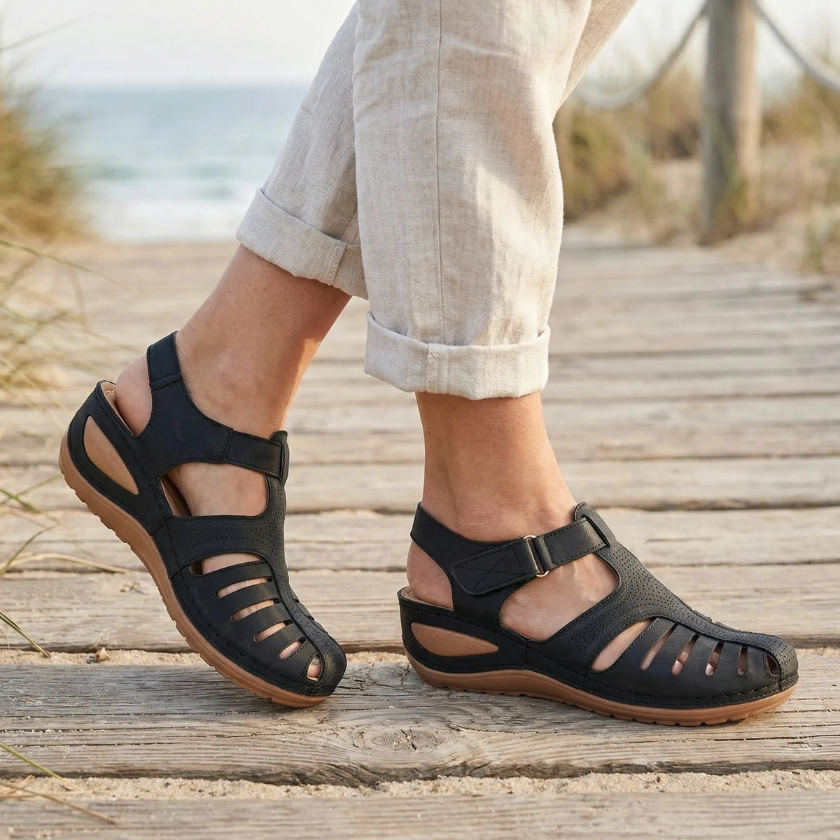 Women's orthopedic wedge sandal with wide toe box and cushioned sole