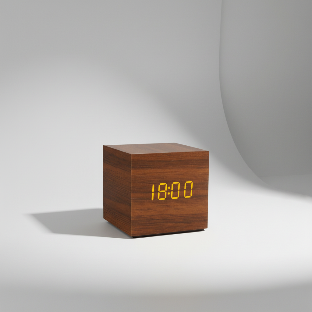 Digital alarm clock with wooden finish and LED display
