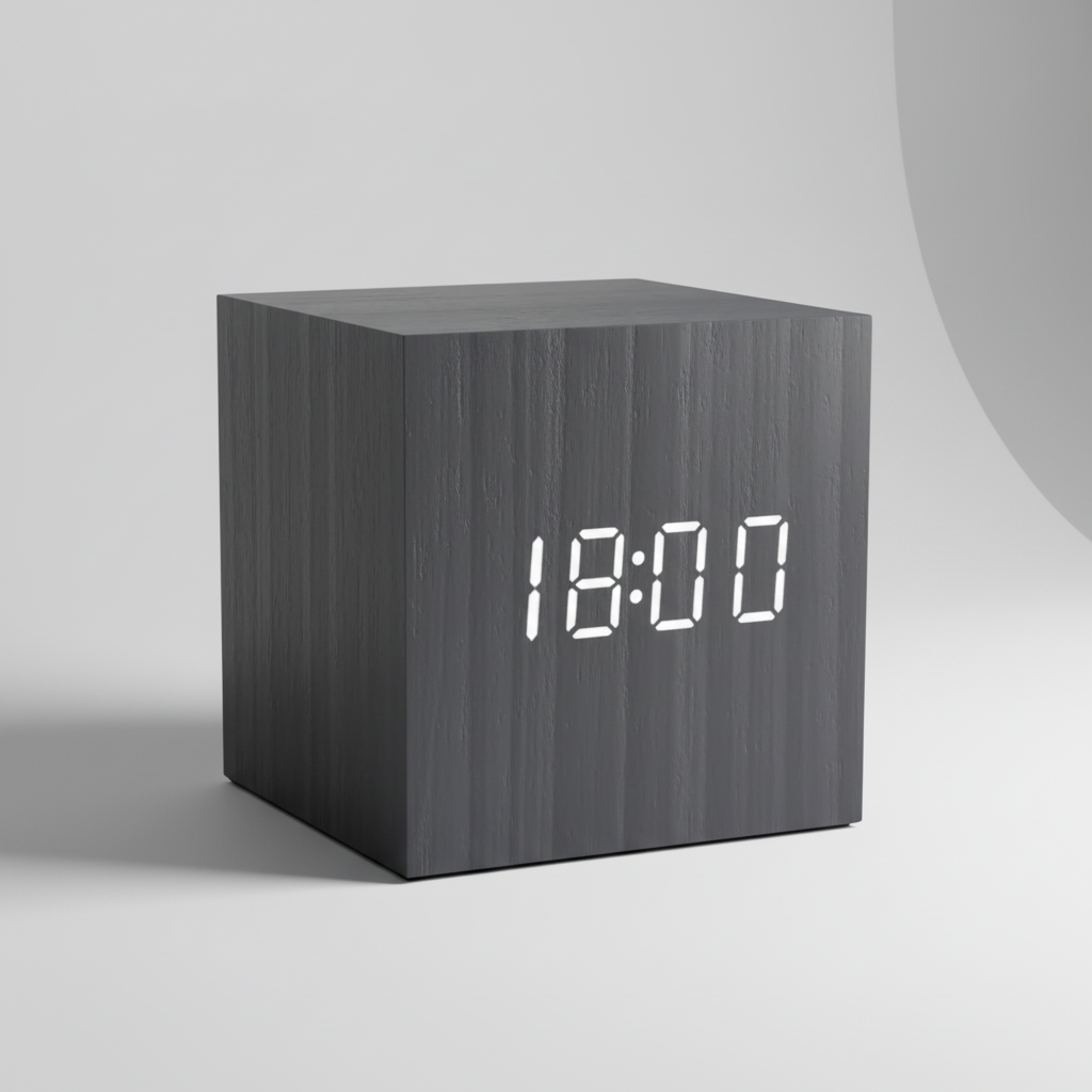 Digital alarm clock with wooden finish and LED display