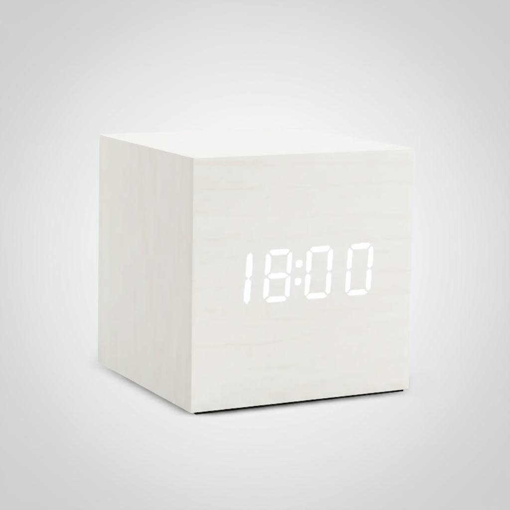 Digital alarm clock with wooden finish and LED display