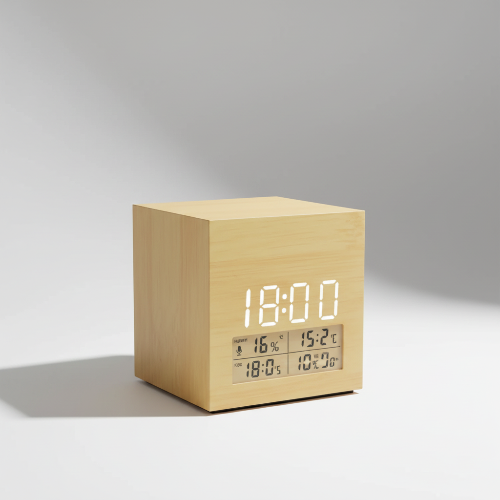 Digital alarm clock with wooden finish and LED display