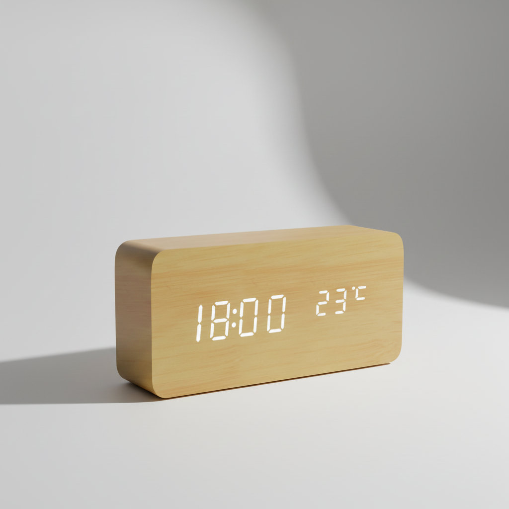 Digital alarm clock with wooden finish and LED display