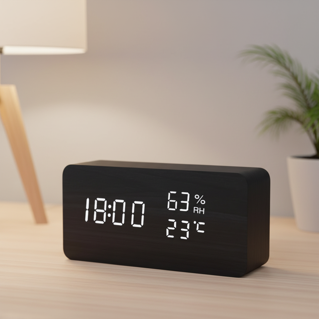 Digital alarm clock with wooden finish and LED display