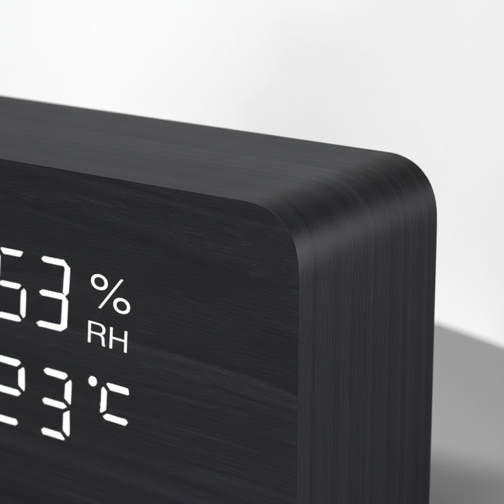 Digital alarm clock with wooden finish and LED display