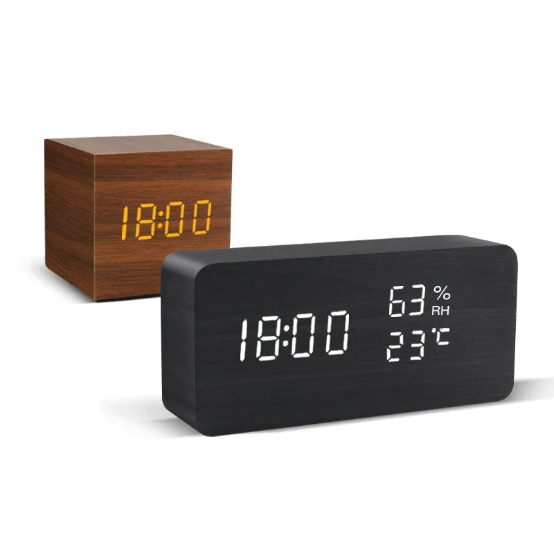 Digital alarm clock with wooden finish and LED display