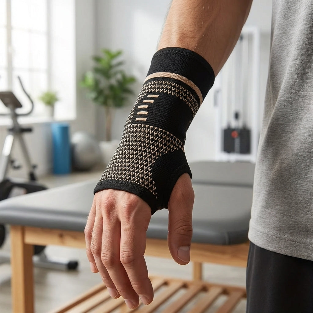 Compression wrist sleeve with targeted wrist and thumb support