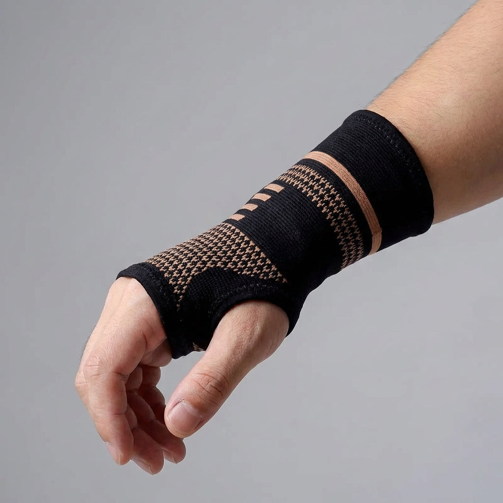 Compression wrist sleeve with targeted wrist and thumb support