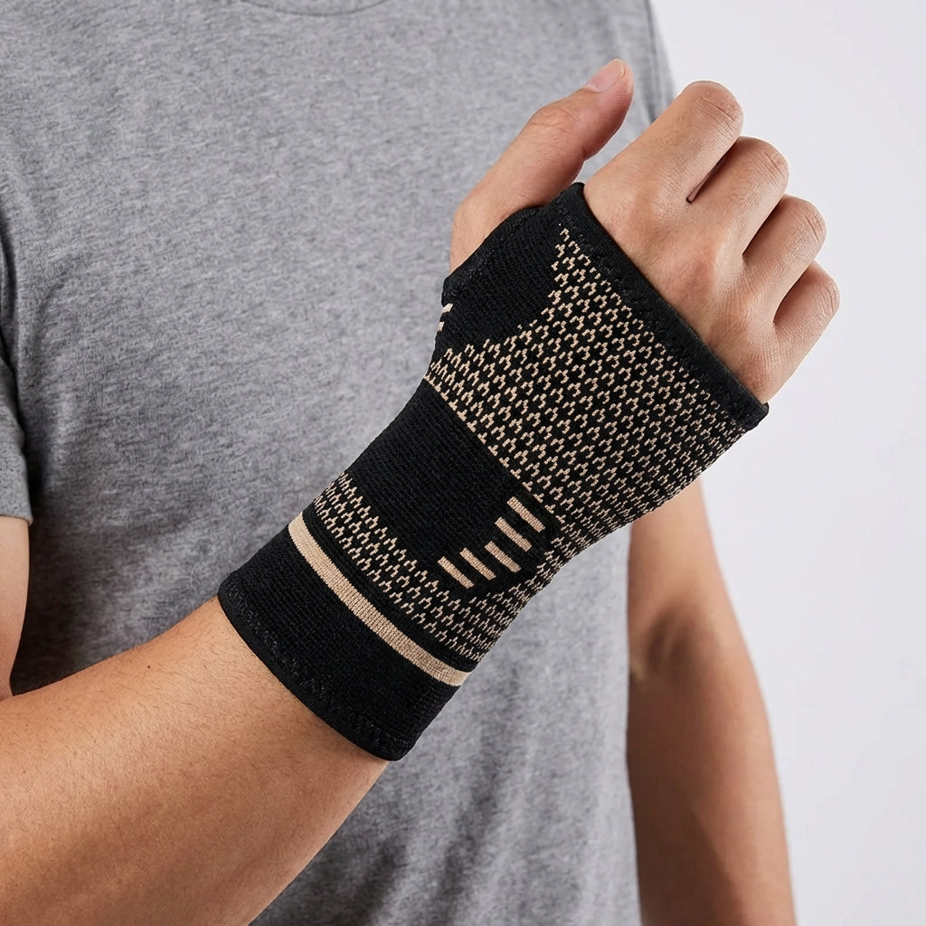 Compression wrist sleeve with targeted wrist and thumb support
