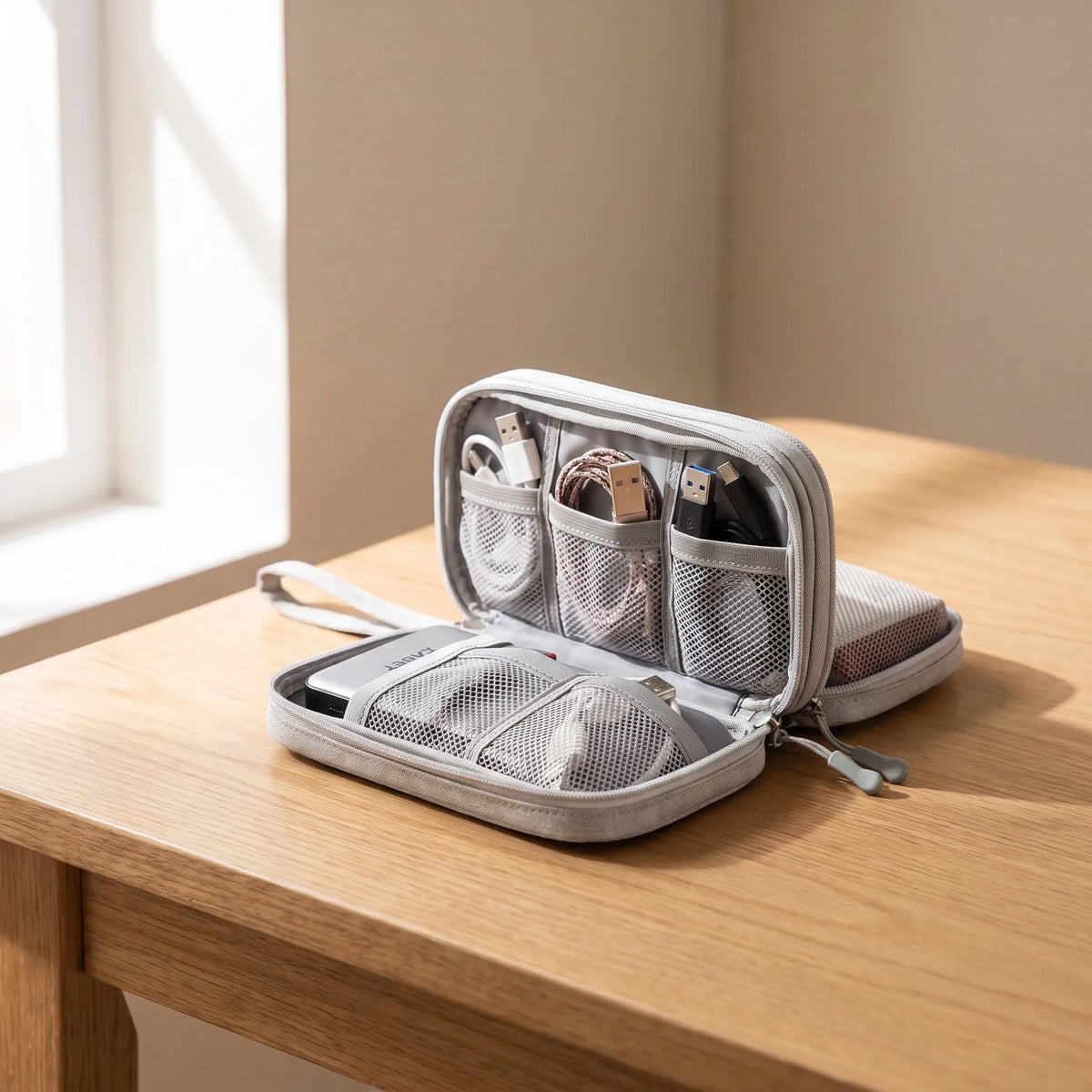 Travel accessories tech organizer with adjustable dividers and water-repellent shell