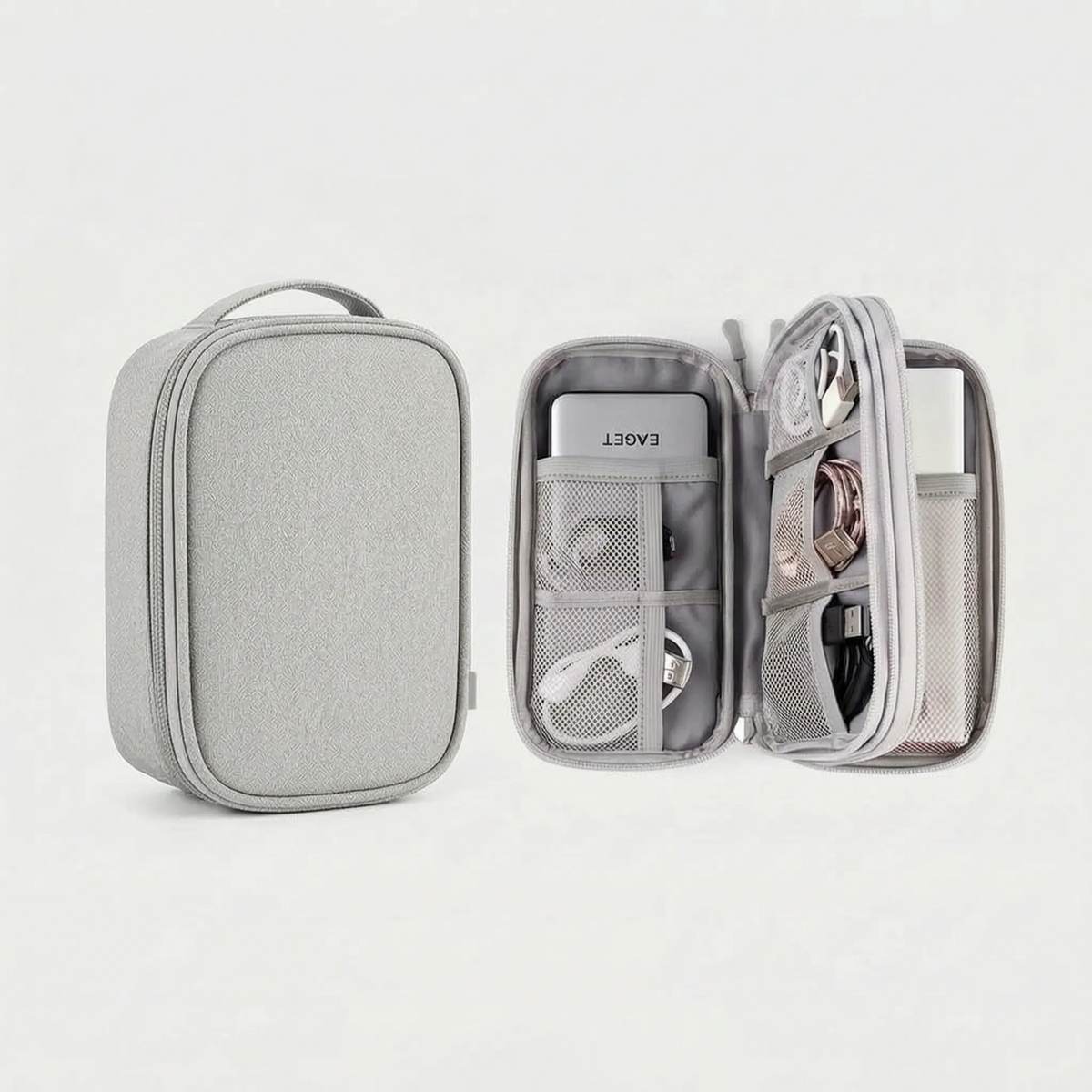Travel accessories tech organizer with adjustable dividers and water-repellent shell