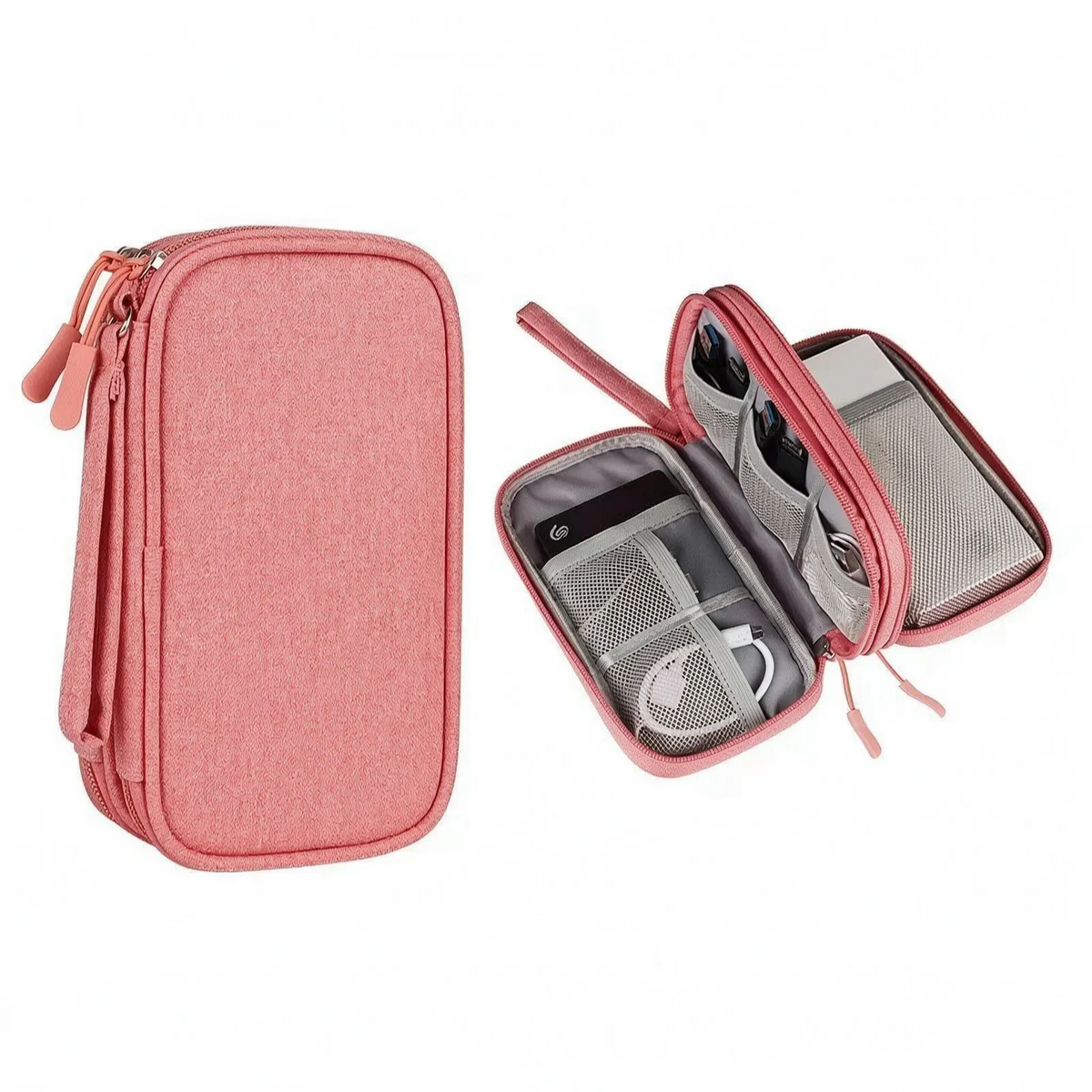 Travel accessories tech organizer with adjustable dividers and water-repellent shell