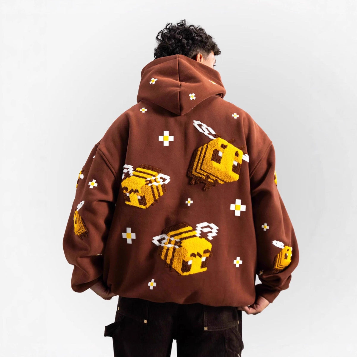Unisex Hooded Sweatshirt with Knitted Pixel Bee Motif and Kangaroo Pocket