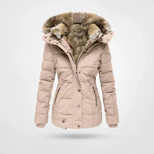 Women's Quilted Puffer Jacket Water-Resistant with Faux Fur Hood