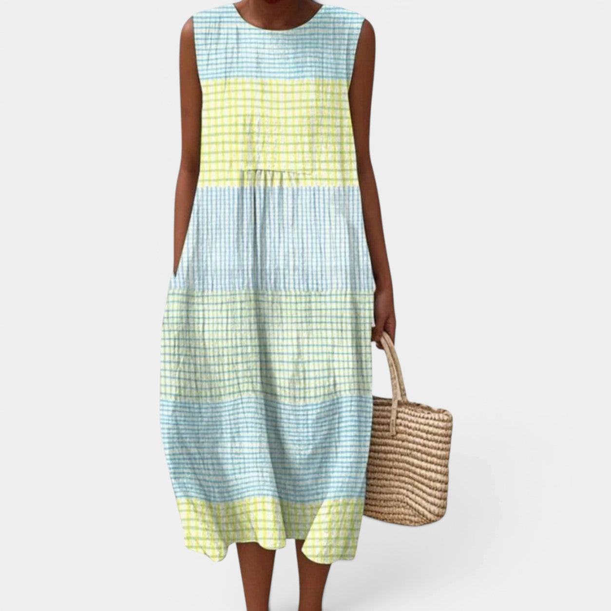 Celrien | Women's Casual Linen Plaid Sleeveless Midi Dress