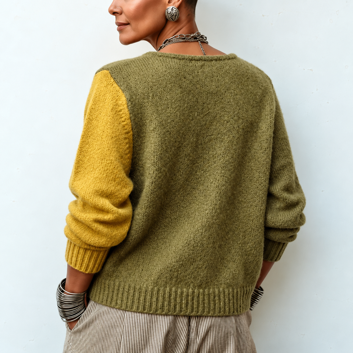 Tricolour Knit Sweater with Asymmetric Buttons