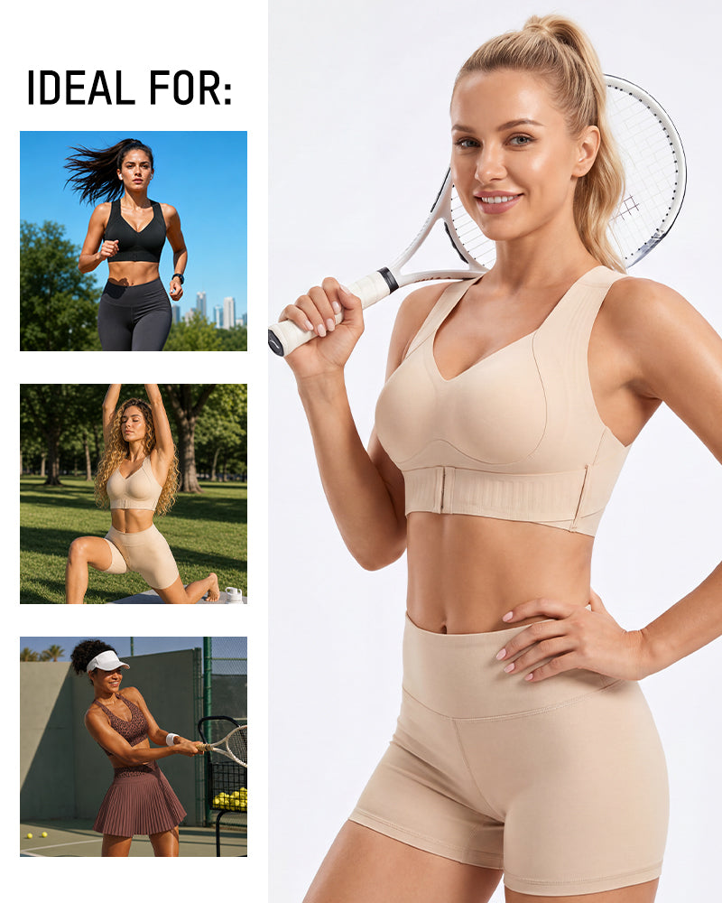 Posture support wireless sports bra with X-back alignment