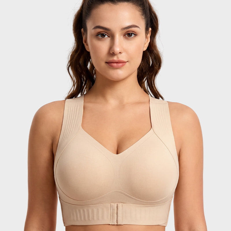 Posture support wireless sports bra with X-back alignment
